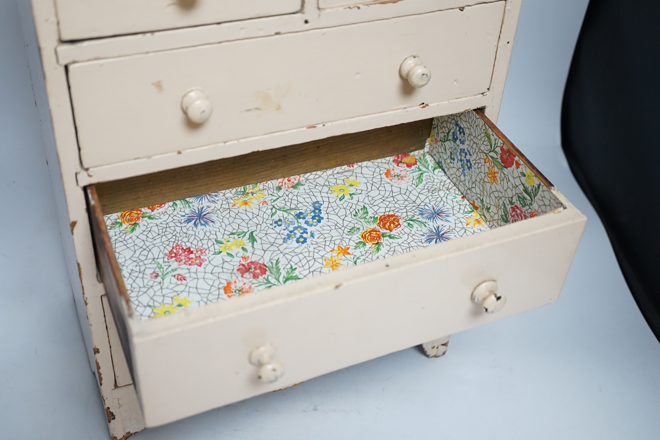 A Victorian miniature chest, later painted, width 32cm, height 44cm